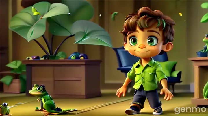 A little boy standing next to a frog in a living room. The little boy saw the frog and asked him the reason for his running. The frog explained that he had to find a new place here to escape the rain. Despite its limitations, it has created new space.