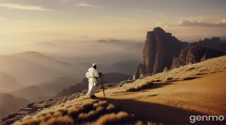 the back of an ancient arab man in white robes walking up a mountain with shepherd staff