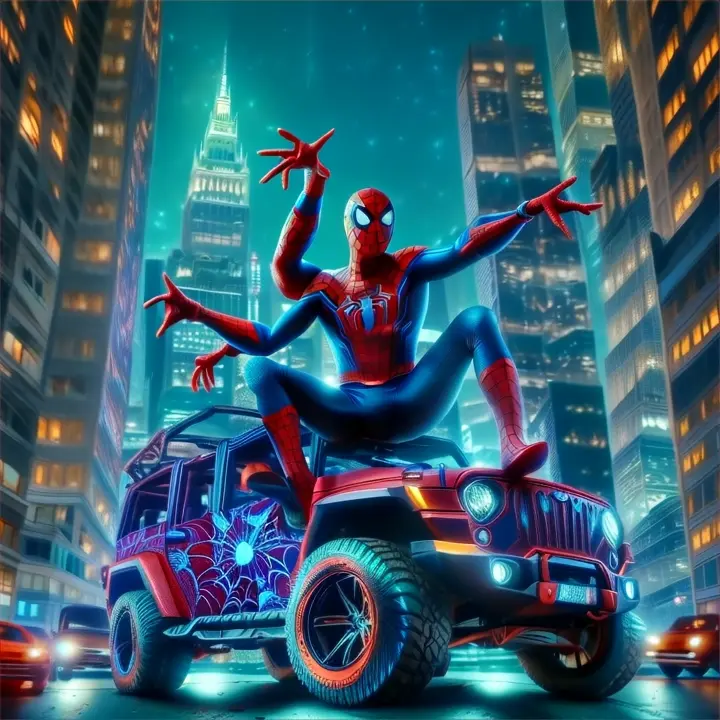 a spider man is riding on top of a jeep