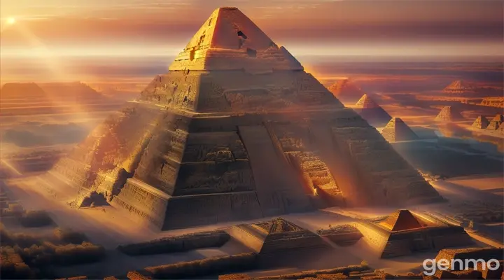 "Digital Painting, Pada 2 Juli 2589 SM, Firaun Khufu dari Mesir Kuno memulai pembangunan Piramida Besar Giza. Piramida ini menjadi salah satu dari Tujuh Keajaiban Dunia Kuno dan masih berdiri kokoh hingga hari ini. Art Style: Romantic Realism, Art Inspiration: Historical romanticism and ancient architecture, Camera: Top-down view, Shot: Full shot, Render Related Information: Highly detailed rendering with romantic colors and dramatic lighting. Lens: Wide angle"