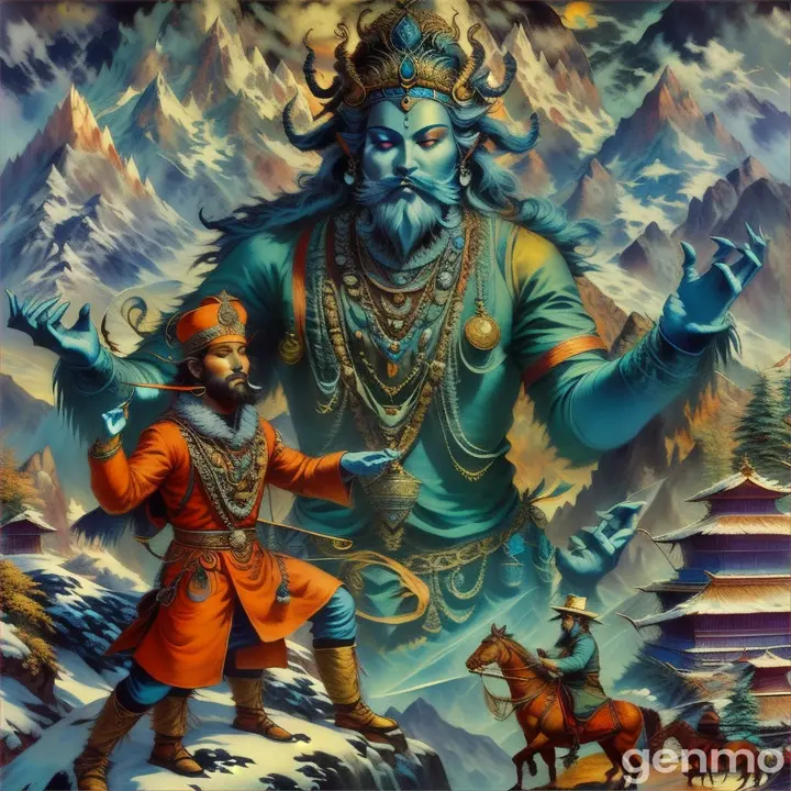 A man standing between golden fields and a mountain, under a vibrant sunset