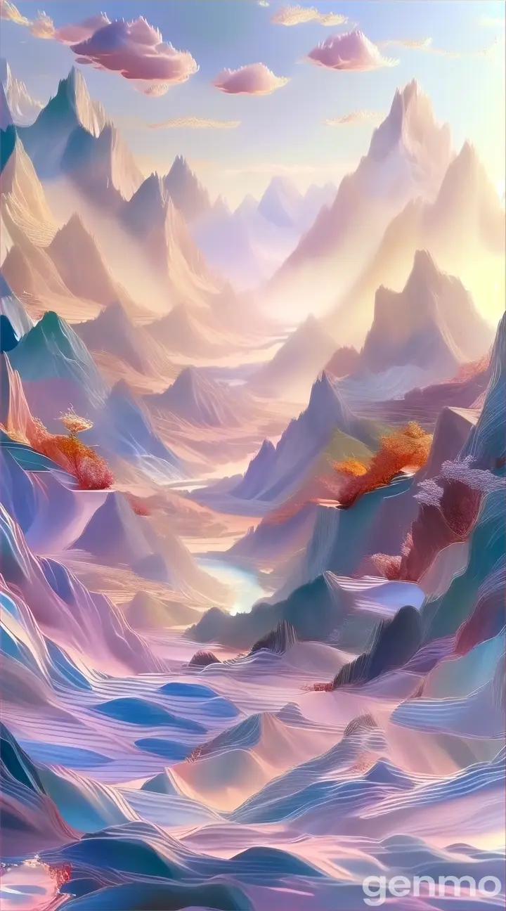 a painting of a mountain landscape with a river running through it