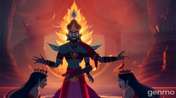 make an animated video of an evil indian king named Kamsa became very scared and angry. He wanted to kill his sister , Queen Devaki to save himself.