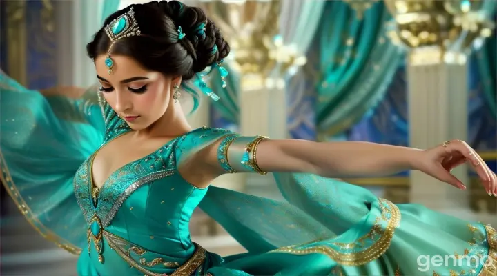 A gracefully mysterious girl, with flowing fabrics and turquoise diamond embellishments, exudes an air of elegance and mystery. The dancer is adorned with bright, shimmering garments, gracefully moving in harmony with the music. This scene is captured in stunning, high-quality photography that conveys every detail with clarity and depth. Exquisite composition and vibrant colors bring this enchanting silhouette to life, creating a captivating and mystical atmosphere. 16:9