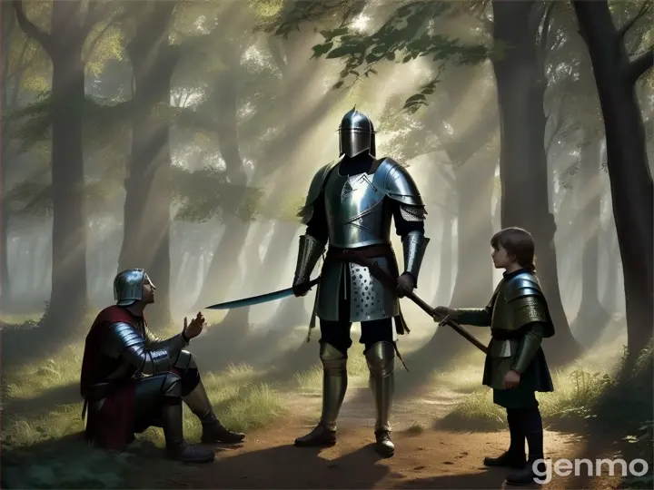 A medieval man speak his son in forest 