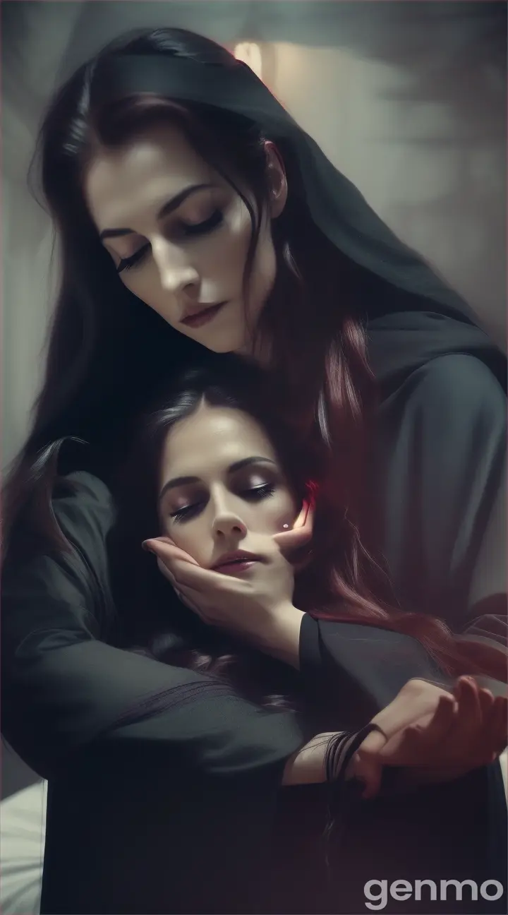"The witch about to place her hand on the man's neck, just before he wakes up in his bed, drenched in sweat and realizing it was a nightmare."