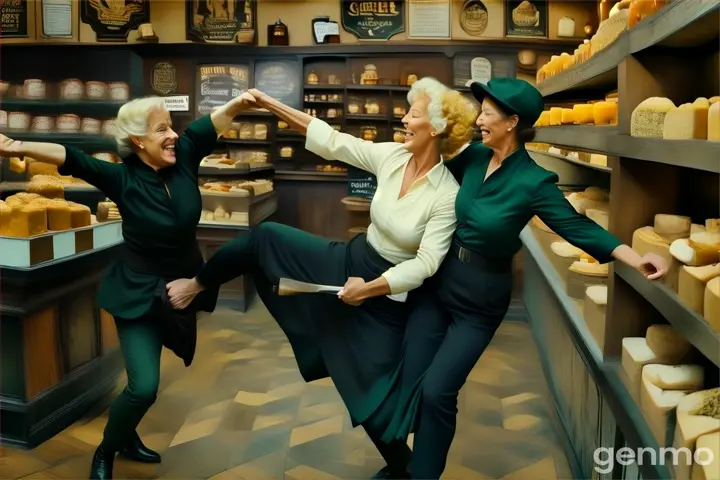 2 Woman fighting inside a vintage small cheese shop , flying cheese, action movie, Spielberg scene, slowmotion fighting scene, intricate and detailed