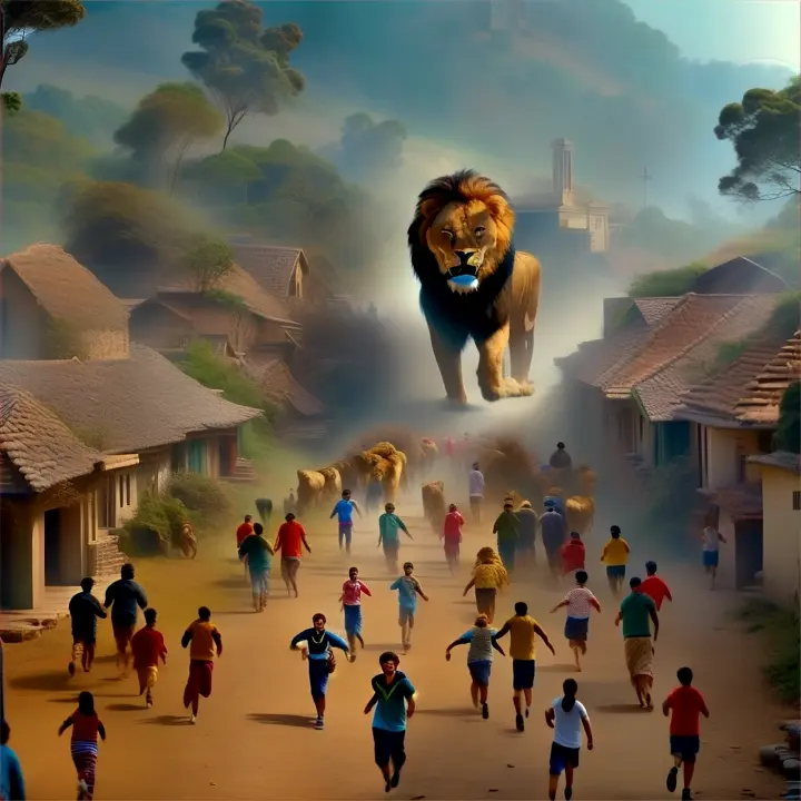 a group of people running away from giant lion