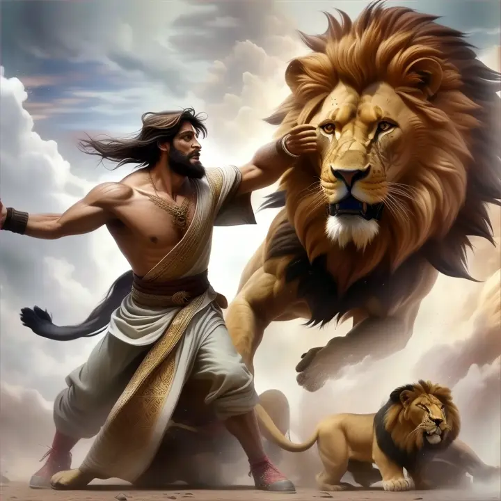 a god fighting versus lion