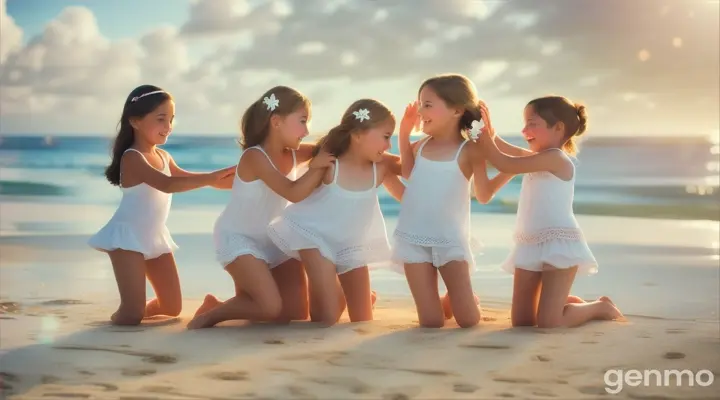 Six little girls, age 7 years old, blonde, white bodystockings, white beach wear, crouching, dance, beach, laughing, bare feet, close up belly, tanned legs up, dancing, bare belly