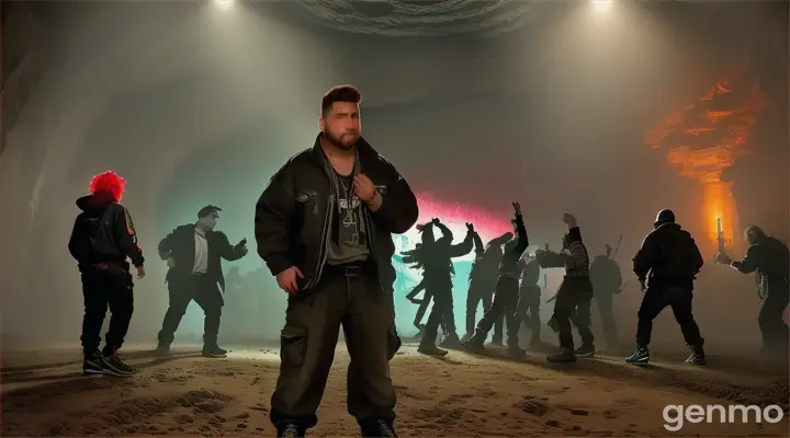 Post industrial , in a deep cave where in the past there were systems and equipment working together with the collider, people frantically dance to the fat basses of electro-mechanical gabber music, in the foreground a man in the affect of a crazy dance, people's clothing style is "mad max, water world ", the effects of heavy psychotropic drugs