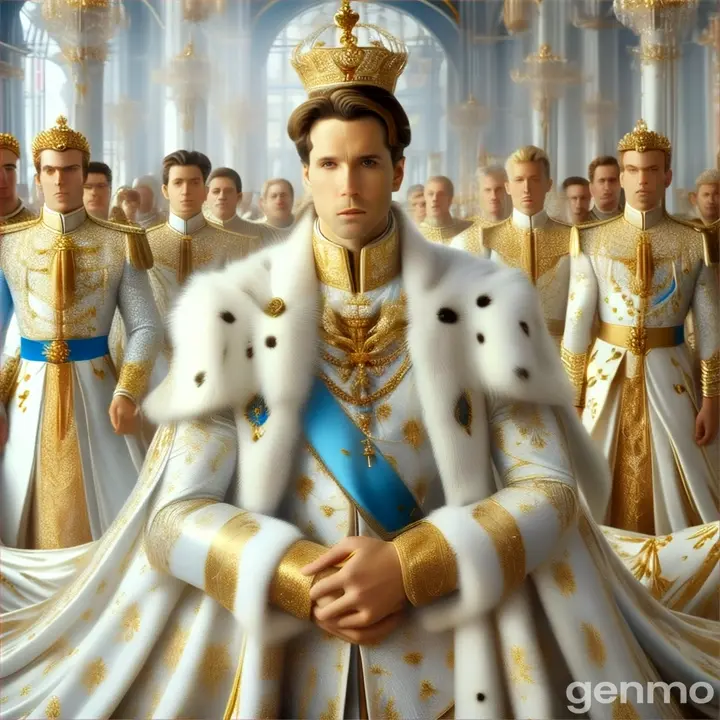 a emperor in a white and gold outfit standing in front of a group of men