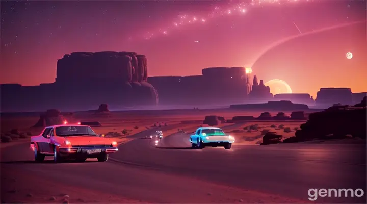 A classic car driving on a moonlit road through a stylized desert, silhouetted against rock formations