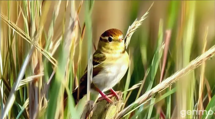 a small bird perched on top of a tall grass