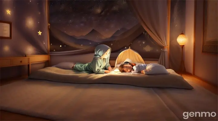 “moslim Mother and child lying under a blanket of stars, reciting bedtime duas in a story rooom  setting