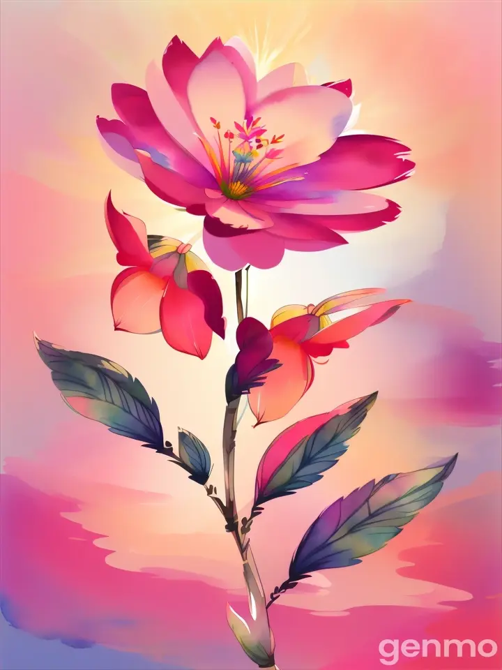 Digital sketch of an illustrated godetia flower with a stylized watercolor sun and sky in the background