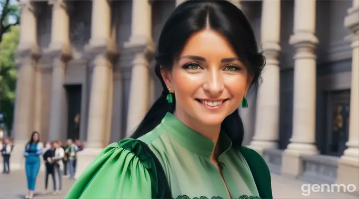 
une belle femme de 40 ans, souriante, aux cheveux noirs et aux yeux verts clairs, avec une frange sur le front et une queue de cheval, est devant le musée du Prado à Madrid.