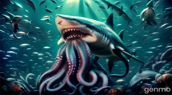 a shark SWALLOWS AN OCTOPUS