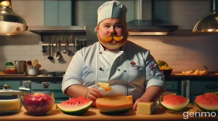 un cuistot blond, joufflu, avec une grosse moustache, un toque sur la tête, a plein de pastèques et de melons dans sa cuisine.