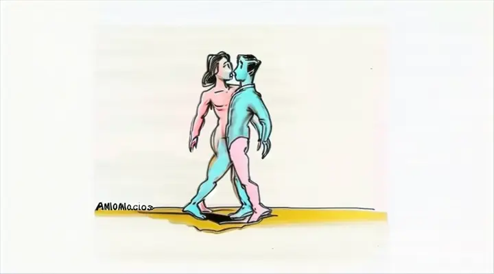 a drawing of a man and a woman facing each other