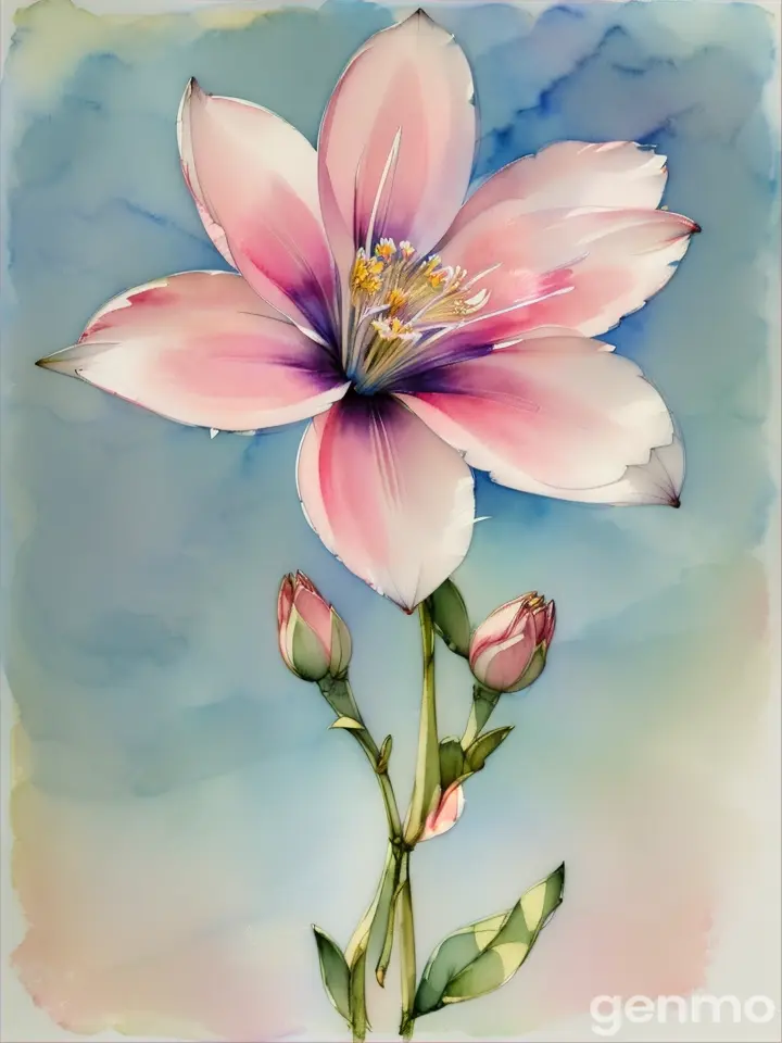 Digital sketch of godetia flower in WATER COLOR SKETCH style IN THIN LINES with a slight gradient of blue sky in the background. THE SUN WITH RAYS IN THE SKY. AT THE EDGES OF THE IMAGE: TORN EDGES. Picture in the style of thin lines, strokes, blots, spots. Цифровой эскиз цветка годеции в стиле АКВАРЕЛЬНОГО ЭСКИЗА В ТОНКИХ ЛИНИЯХ с легким градиентом голубого неба на заднем плане. НА НЕБЕ СОЛНЦЕ С ЛУЧАМИ. ПО КРАЯМ ИЗОБРАЖЕНИЯ: РВАНЫЕ КРАЯ. Картинка в стиле тонких линий, обводка, штрихи, кляксы, пятна.