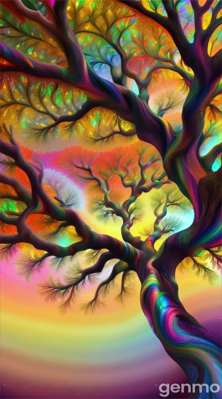 Rainbow tree with rainbow fractals shining Leaves, beautiful, multicolored, rainbow fractals, glitter 