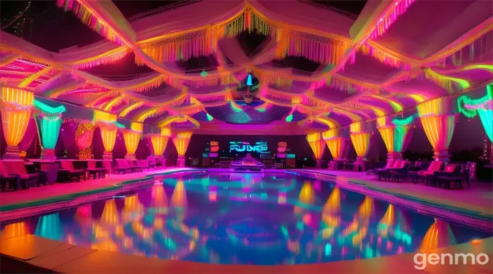 Wide 4K shot: Capture the sprawling scene. A pulsating neon glow emanates from the DJ booth in the foreground, casting the entire pool party in a vibrant array of colors. Pakistani girls in shimmering swimsuits dance across the vast space, their laughter blending seamlessly with the rhythmic beats. In the distance, the majestic silhouette of a Pakistani mansion adds a touch of elegance to the electrifying scene