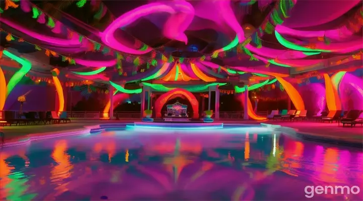 Wide 4K shot: Capture the sprawling scene. A pulsating neon glow emanates from the DJ booth in the foreground, casting the entire pool party in a vibrant array of colors. Pakistani girls in shimmering swimsuits dance across the vast space, their laughter blending seamlessly with the rhythmic beats. In the distance, the majestic silhouette of a Pakistani mansion adds a touch of elegance to the electrifying scene