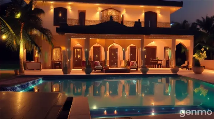 Wide 4K shot: Night falls on a luxurious Pakistani home. The air shimmers with the soft glow of fairy lights strung across the expansive backyard. A pristine blue swimming pool reflects the twinkling lights, while Pakistani girls in vibrant swimsuits gather by the pool's edge. In the background, a DJ booth pulsates with a rhythmic glow, the center of attention in this wide frame. Laughter and music fill the air.