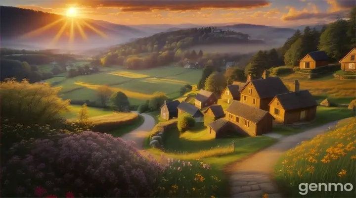 A peaceful village nestled between rolling hills, with a quaint cottage and a winding path leading into the forest. The sun is setting in the background, casting a warm glow over the scene