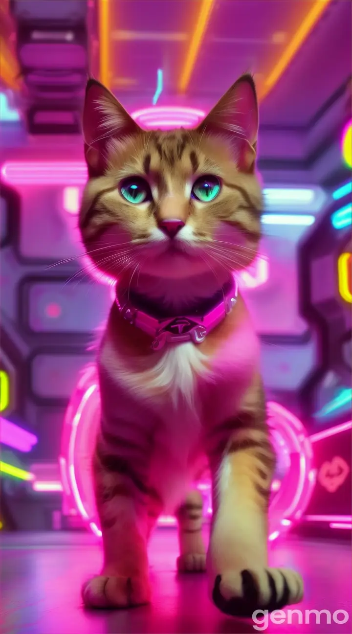 Little cute futuristic pink kitten is doing break dance in a colourful glowing room, perfect prominent features, professional video, bright colourful, the futuristic cat is bright colour, 9:16 ratio