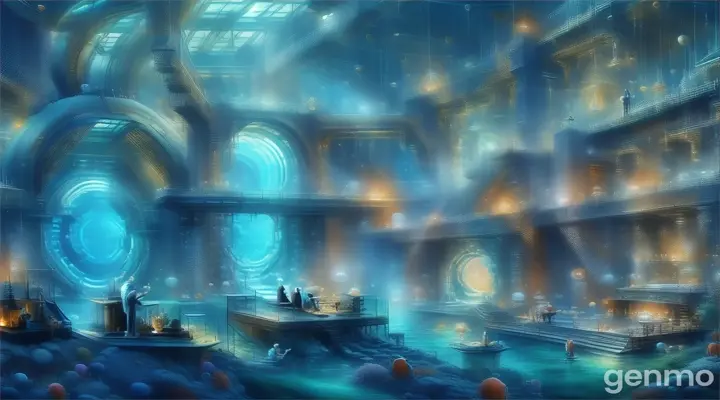 a painting of a man and a child standing in an underwater city