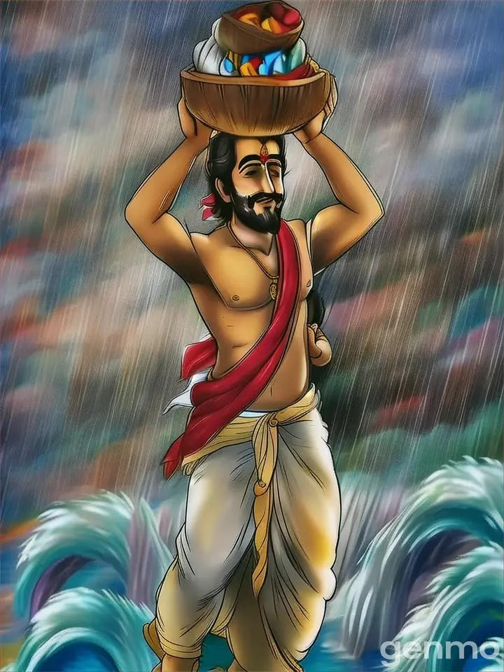 make animated video inspired from the given image .Vasudeva carried baby Krishna across the Yamuna River