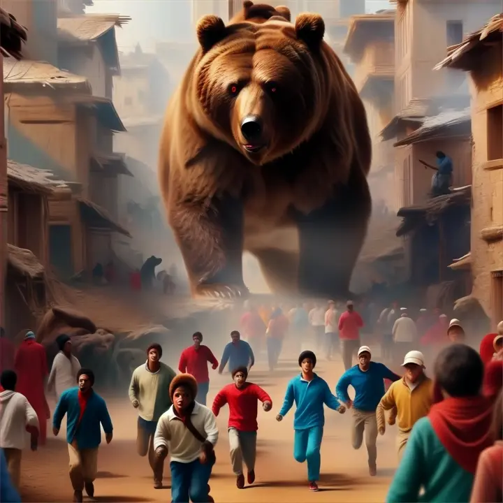  crowd of people running away from a large brown bear with red eyes