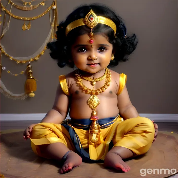 To depict Baby Krishna along with Nandbaba and Yashoda for generating an AI video, here are the detailed characteristics and setting elements to include:

Baby Krishna:

Age: Infant or toddler.
Skin Color: Dark blue or dark hue.
Hair: Curly, black hair.
Clothing: Simple yet colorful traditional Indian attire, often a yellow dhoti.
Jewelry: Adorned with gold jewelry, anklets, and bracelets.
Peacock Feather: A distinctive peacock feather in his hair or crown.
Face: Round, cherubic face with large, expressive eyes and a sweet smile.
Attributes: Often holding or playing a flute, depicted with butter, or in scenes involving stealing butter.
Nandbaba (Nanda Maharaj):

Age: Middle-aged man.
Appearance: Strong and kind, with a gentle demeanor.
Clothing: Traditional Indian attire, often a simple dhoti and shawl.
Hair: Black or graying hair, often with a beard.
Expressions: Loving and protective, with a warm smile and affectionate gestures towards Baby Krishna.
Yashoda:

Age: Middle-aged woman.
Appearance: Motherly and caring, with a nurturing demeanor.
Clothing: Traditional Indian saree, often vibrant and colorful.
Hair: Long, black hair, usually tied back.
Jewelry: Traditional gold jewelry, including bangles, earrings, and a necklace.
Expressions: Loving and affectionate, often shown holding or playing with Baby Krishna, with a tender and joyful smile.
Environment:

Setting: The village of Vrindavan, a pastoral landscape with lush greenery, rivers, and cows.
Scene: Depicting the family in their home or outdoors, engaging in everyday activities or playful moments.
Elements: Include cows, butter pots, and traditional Indian household items.
Expressions and Gestures:

Joyful and Loving: A warm, family-oriented atmosphere with joyful expressions and loving gestures.
Interactions: Yashoda and Nandbaba doting on Baby Krishna, with Yashoda holding him, feeding him butter, or playing with him, and Nandbaba watching affectionately