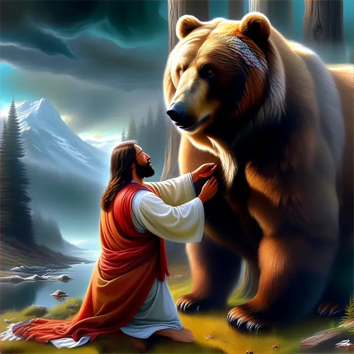 a painting of jesus and a bear in the wilderness