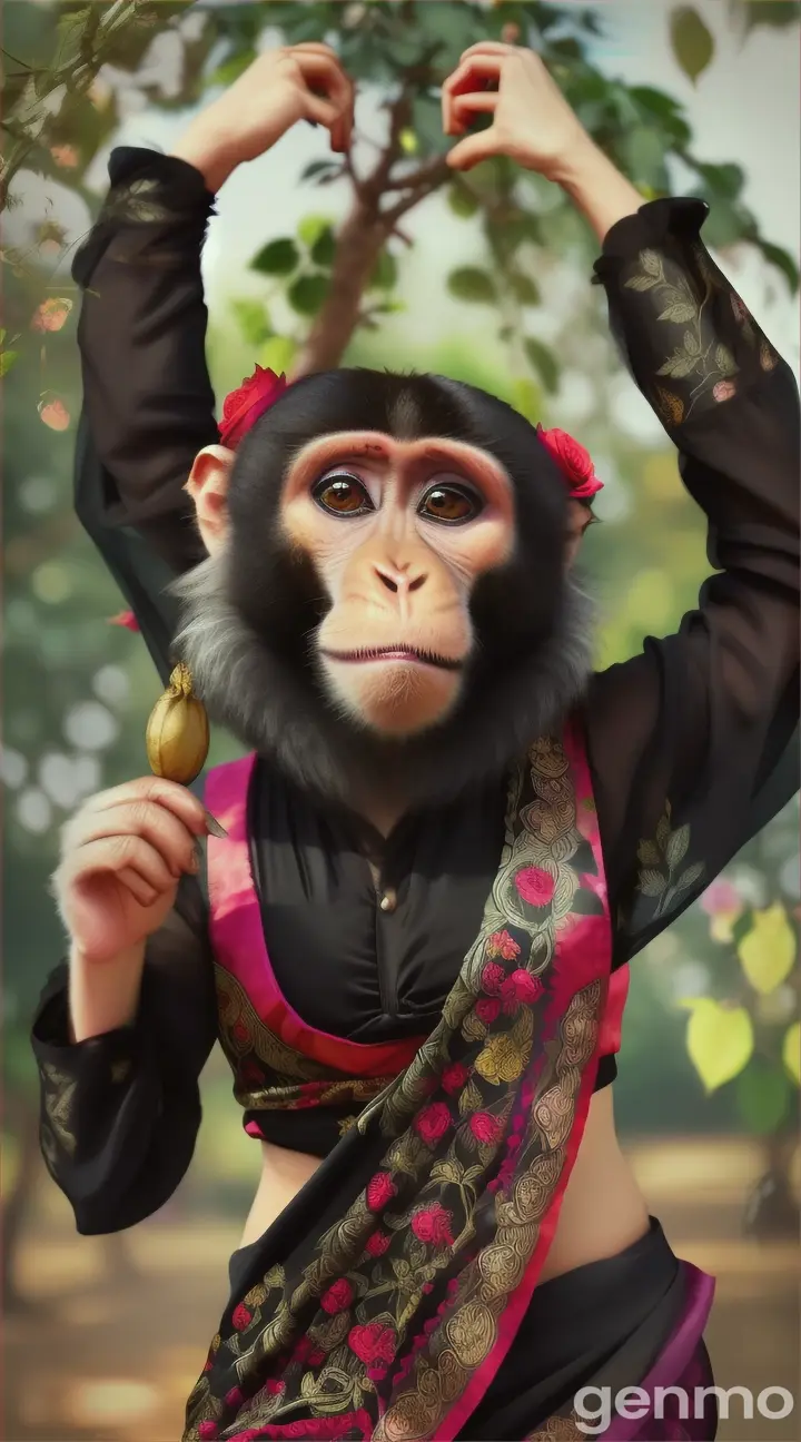 A monkey is wearing black color saree and rose color blouse dancing for folk song