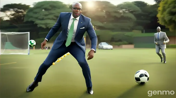 an african, bald, business man in a suit and spectacles, kicks a ball