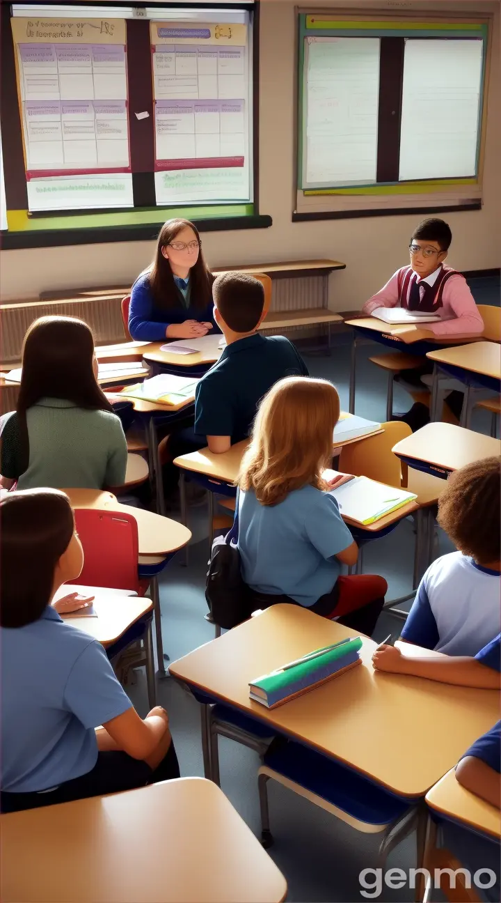 Teaching sitting on the bench in classroom during non formal discussion, show students and teacher in one frame