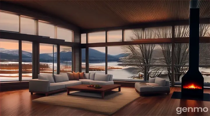 Modern yet cozy living room cabin featuring natural elements such as stone fireplace, wooden floors, and ceiling beams, with a breathtaking view of a lake, and only the necessary furniture for relaxation. snow outside the aera. cozy places