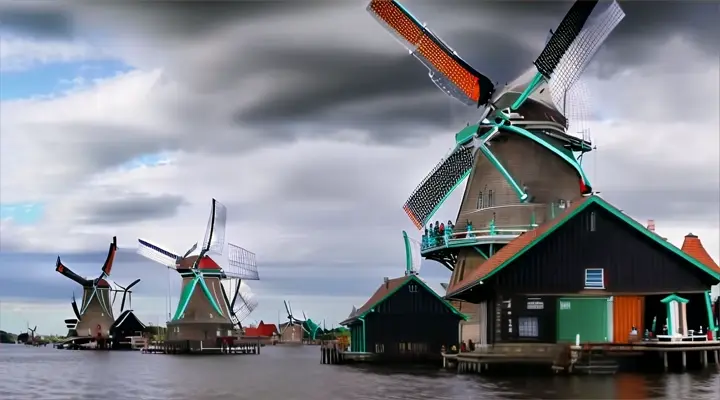 a group of windmills sitting on top of a body of water