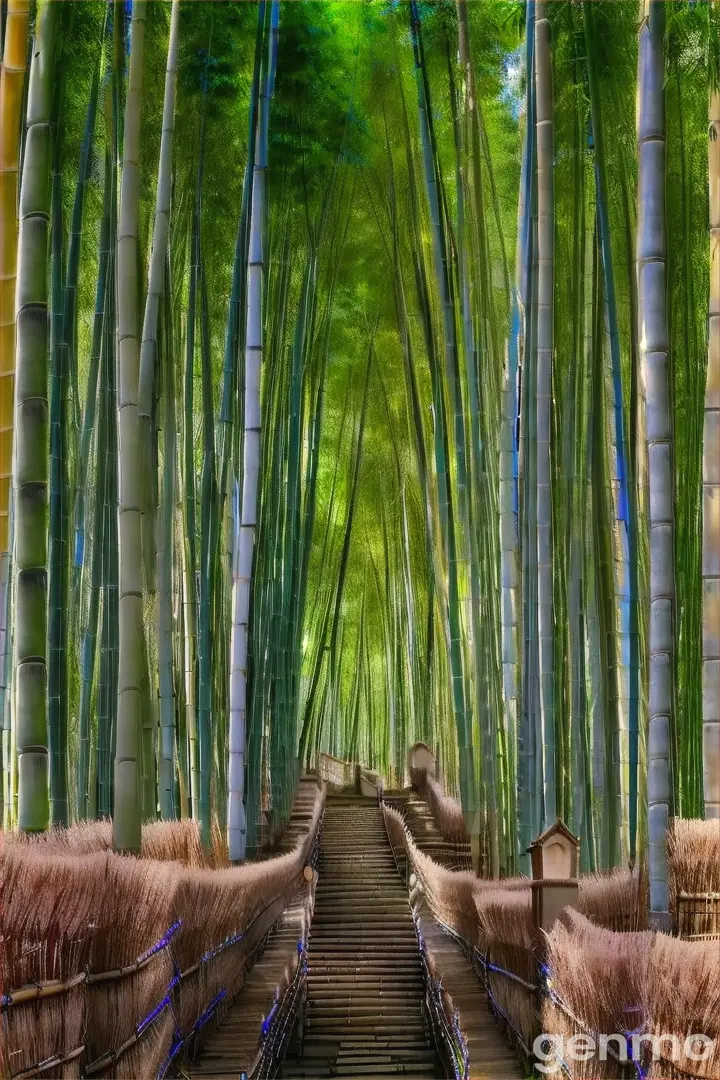 a set of steps leading to a bamboo forest