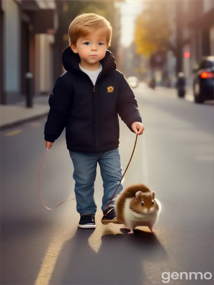 a little boy with a tiny cute hamster on a tiny leash, 

going for a walk. Perfect composition, 

meticulous attention to details, 

realistic reflections, 

UHD, 

8k, 

ultra-detailed texture, 

immersive lighting, 

captivating visual effects, 

a filigree-inspired masterpiece that captures the essence of childhood innocence