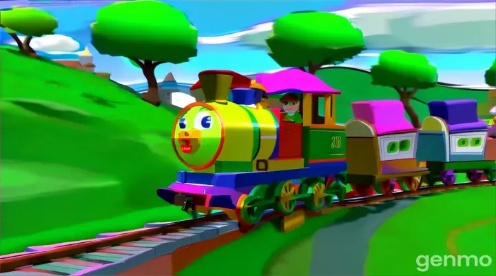 a cartoon train with many colors on the tracks