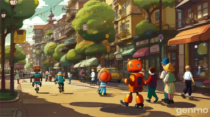 Title: The Little Robot's Big AdventureINT. TOY SHOP - DAYWe see shelves filled with various toys. Among them is a small, old robot toy named Rusty, sitting forlornly.RUSTY (V.O.) (sadly) I wish I could explore the world beyond this shop.EXT. CITY STREET - DAYRusty magically comes to life and steps out onto a busy city street.RUSTY Wow! So many colors and sounds!Rusty encounters a group of playful children. They notice him and cheer excitedly.CHILD 1 Look, it's a robot!CHILD 2 Let's play with it!The children play with Rusty, pushing him around and laughing.RUSTY (happy) This is amazing!EXT. PARK - DAYRusty and the children arrive at a park. They play games together.RUSTY (to himself) I never knew outside was so much fun!EXT. TOY SHOP - DAYRusty sadly returns to the toy shop, but now with a smile on his face.RUSTY (V.O.) (content) Even though I'm just a toy, I had a real adventure today.Rusty sits back on the shelf, looking out at the world with newfound happiness