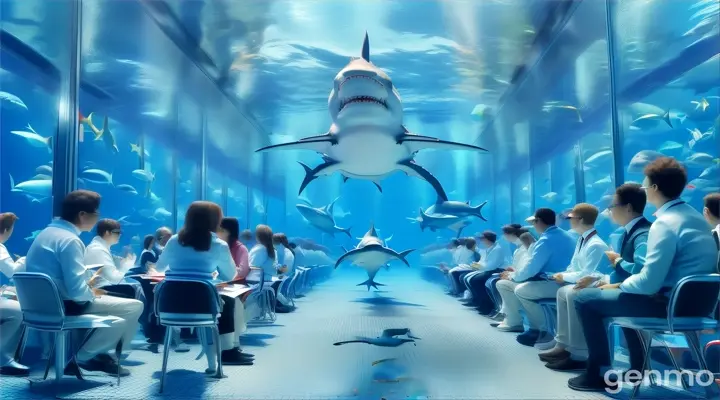 a group of people sitting in a room with a shark in the middle of the sea 