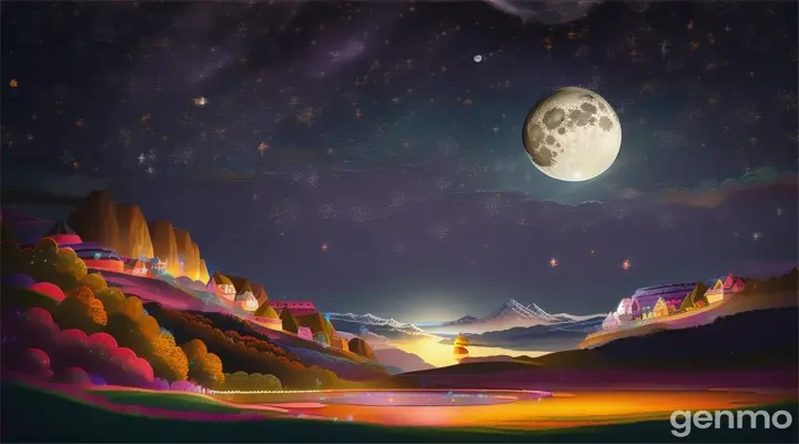 Illustration Prompt: Chanda Mama Aa Jana**

Create a magical night scene featuring "Chanda Mama" (the Moon) shining brightly in the sky. The moon should have a friendly and smiling face, radiating warmth and joy. Surround the moon with twinkling stars, forming a beautiful constellation that adds to the night’s charm. 

Below the sky, depict children in a peaceful, dreamy landscape, looking up at the moon with smiles and wonder. Some children might be pointing at the moon, while others could be lying on the grass, gazing up. Include elements like fluffy clouds and gentle hills to create a serene and enchanting atmosphere.

Incorporate playful details like children’s toys or small animals, enhancing the feeling of a magical night. Use vibrant colors to highlight the moon’s glow and the twinkling stars, ensuring the overall scene feels warm and inviting.

