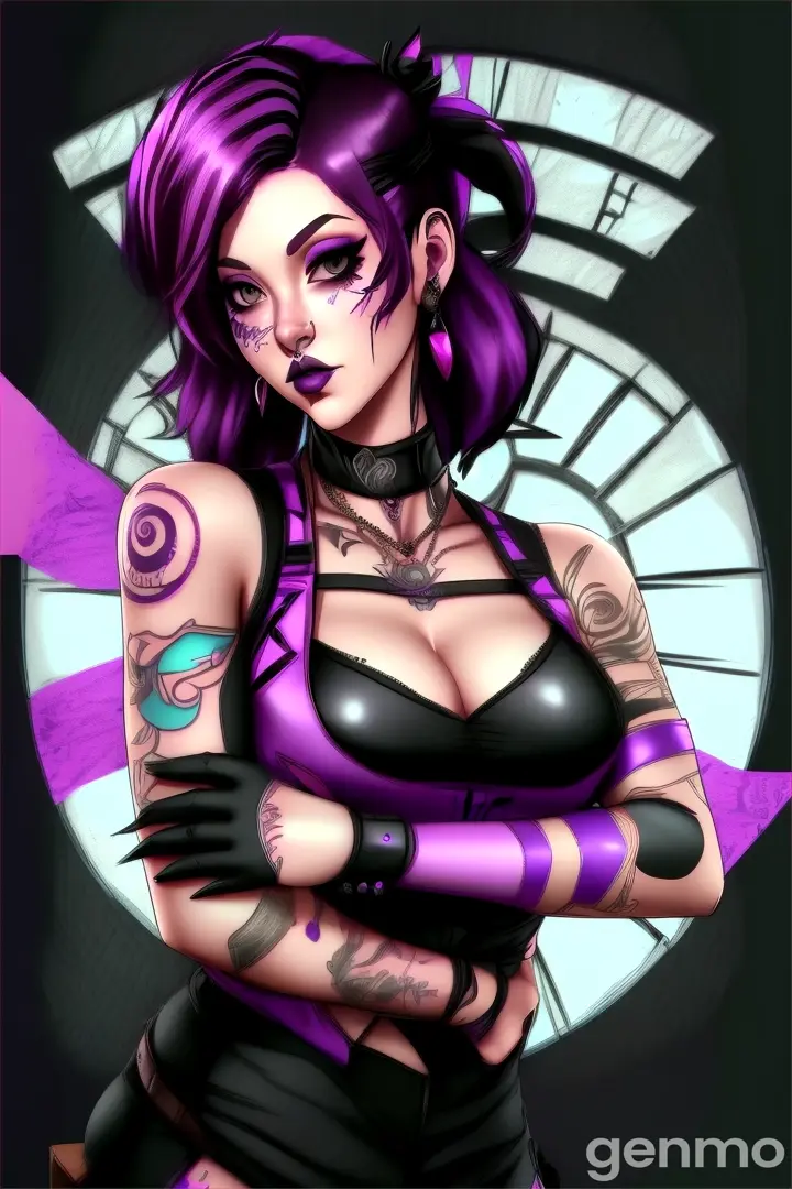 a drawing of a woman with purple hair and tattoos