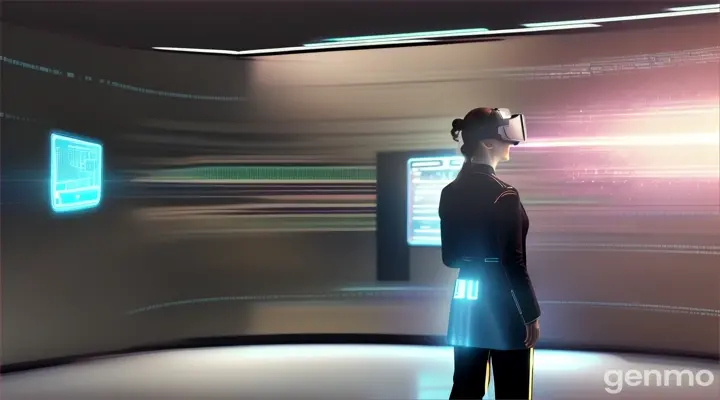 Visualize a science fiction scene with a doctor in a virtual reality lab, scrolling through information on a giant transparent screen the size of a wi her back turned, using both hands to scroll to slide information around on the screen.