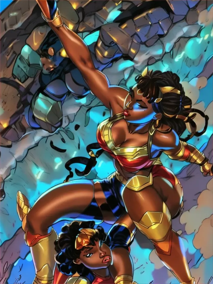 a comic of a strong beautiful African American woman superhero saving a girl